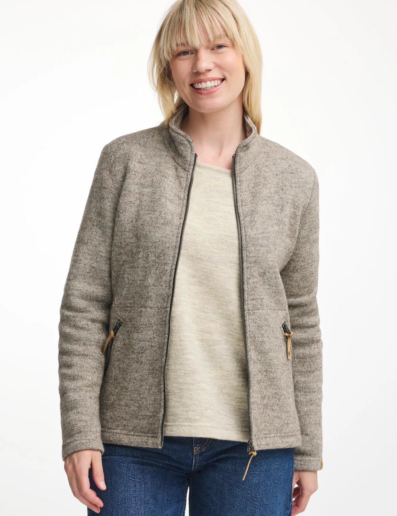 NLS TWIG FULL ZIP, 100% OFÄRGAD ULL — LATTE - Ivanhoe of Sweden