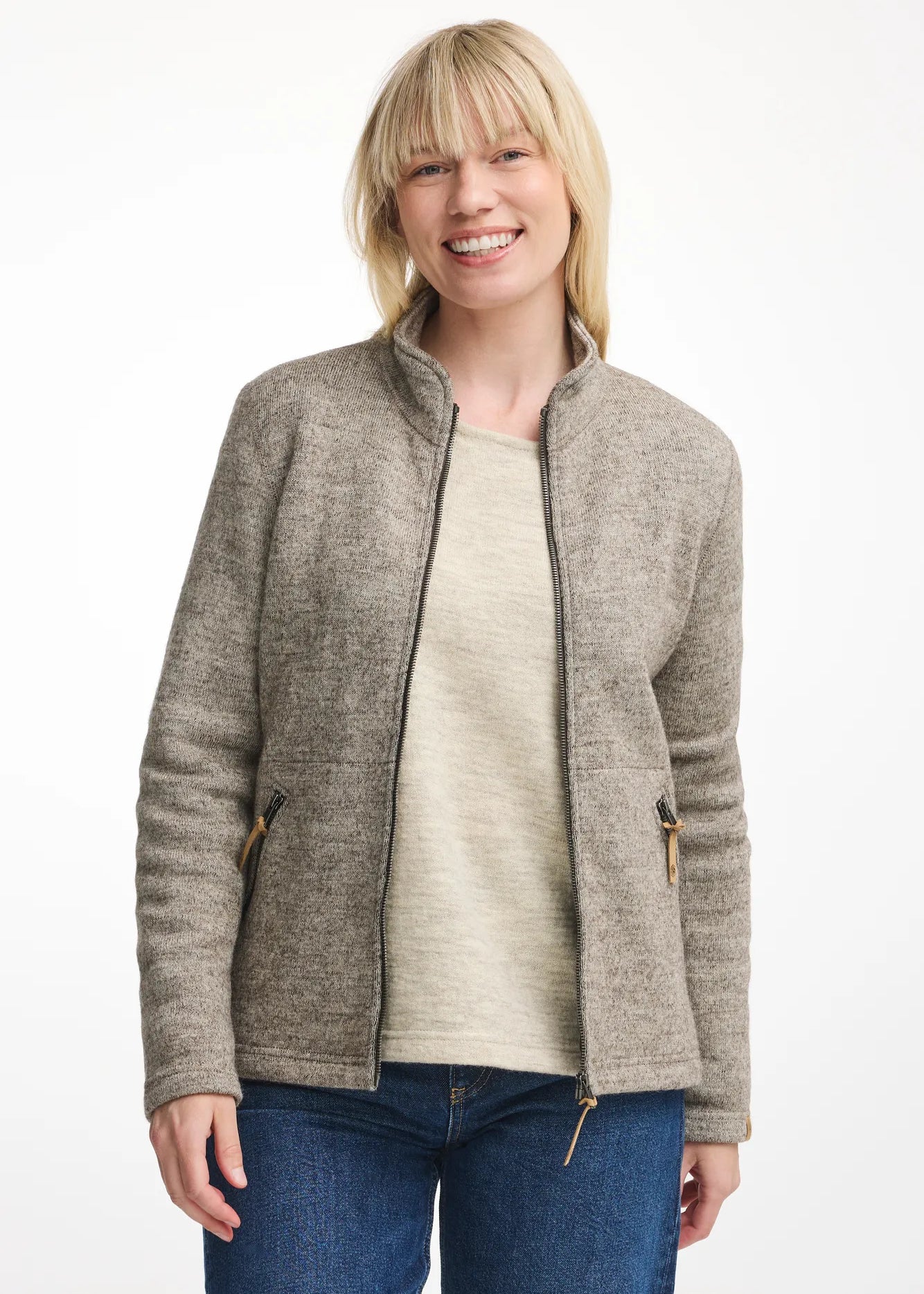 NLS TWIG FULL ZIP, 100% OFÄRGAD ULL — LATTE - Ivanhoe of Sweden
